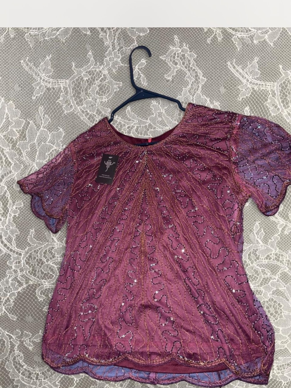 Source Unknown Beaded Lace Flutter Sleeve Top - Burgundy